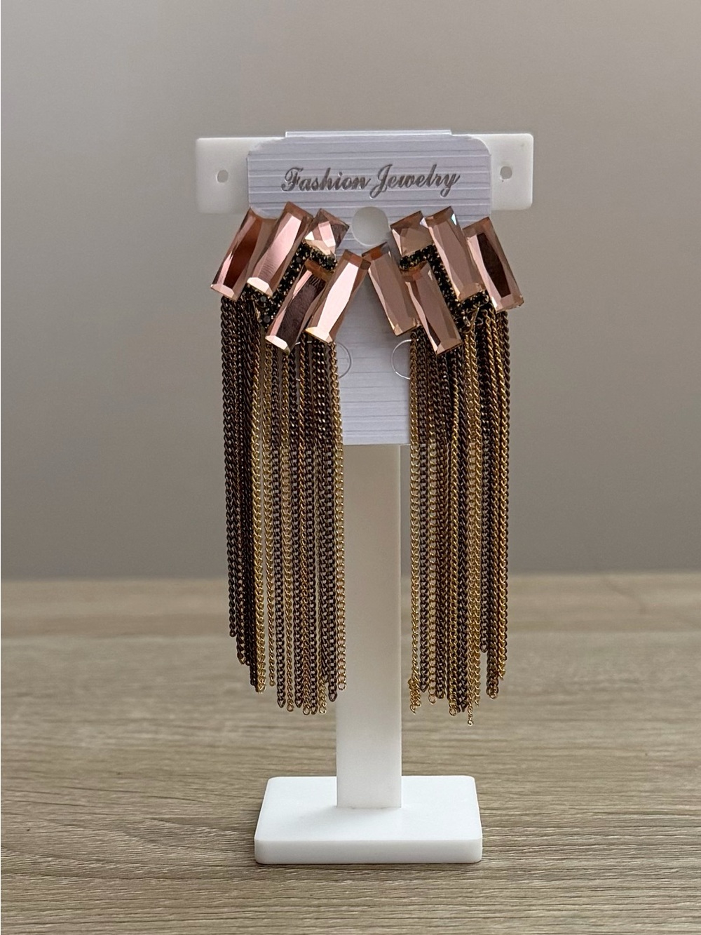 Rose Gold Crystal Tassel Fringe Dangle Earrings NWT